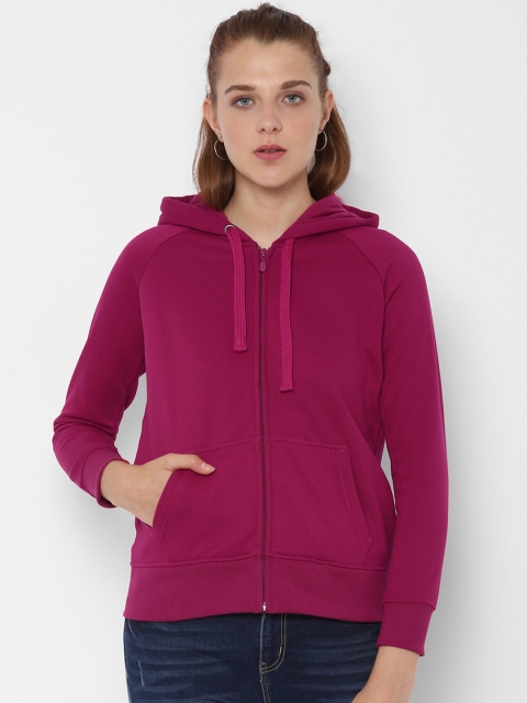 People Women Magenta Solid Hooded Sweatshirt