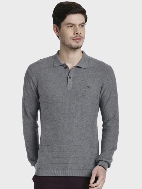 ColorPlus Men Grey Self Design Polo Collar T-shirt