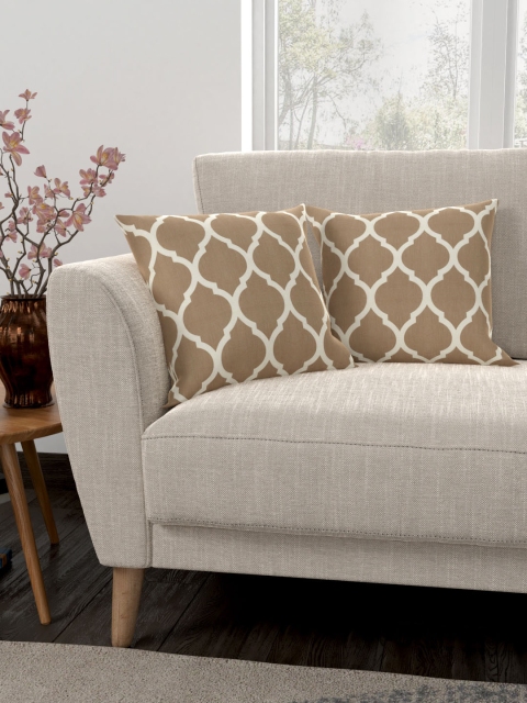 CURTAIN LABEL Cream-Coloured & Brown Set of 2 Abstract Square Cushion Covers