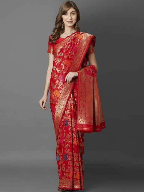 Mitera Red Silk Blend Woven Design Banarasi Saree