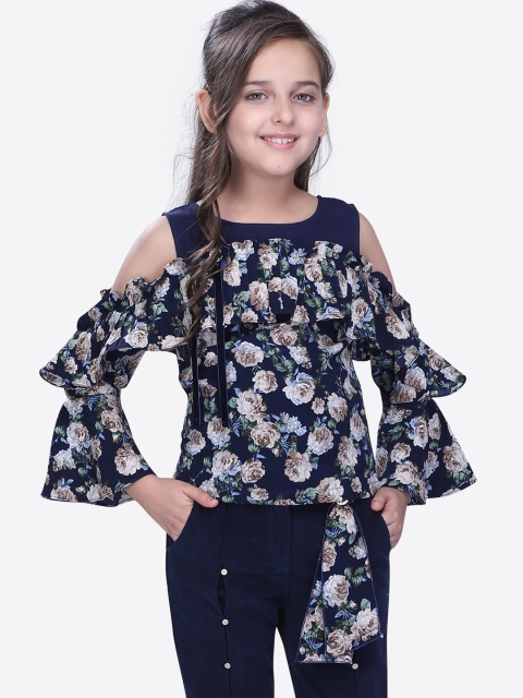 CUTECUMBER Girls Navy Blue & Brown Floral Print Top