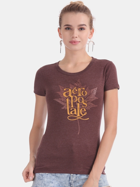 Aeropostale Women Brown Solid Round Neck T-shirt
