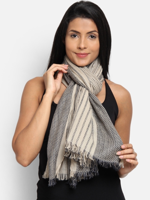 Anekaant Women Beige & Black Woven Design Stole