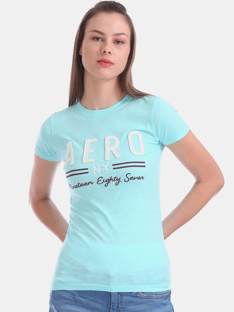 Aeropostale Women Blue Solid Round Neck T-shirt
