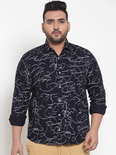 plusS Men Navy Blue & White Regular Fit Printed Casual Shirt