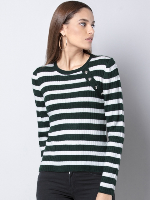 FabAlley Women Green & Off-White Striped Sweater