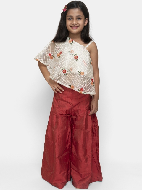 Fairies Forever Girls Off-White & Red Self Design Top with Palazzos