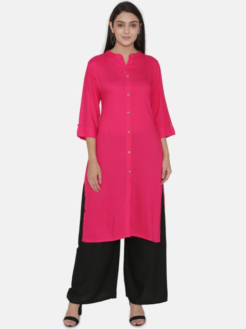 Kifahari Women Fuschia Pink Solid Calf-Length Kurta