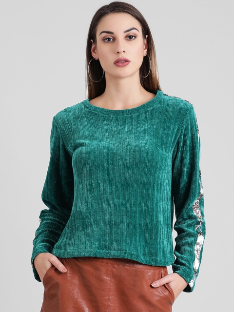 Zink London Women Green Self Design Sweater