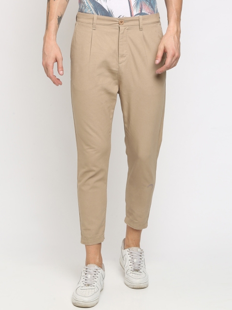 Breakbounce Men Beige Loose Fit Solid Cigarette Trousers