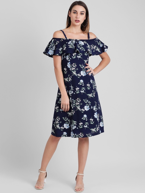 Zink London Women Printed Navy Blue A-Line Dress
