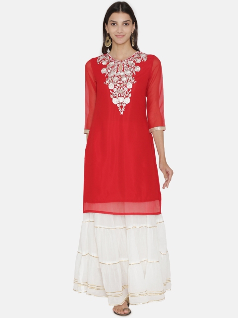 Kifahari Women Red & Silver-Toned Embroidered Georegette Slim-Fit Kurta