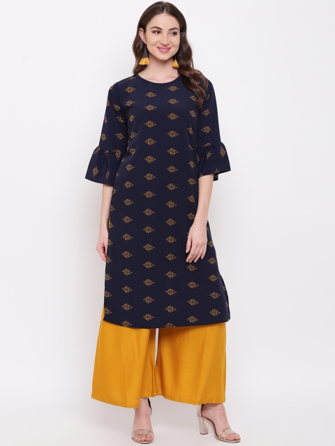 Napra Women Navy Blue & Yellow Printed A-Line Kurta
