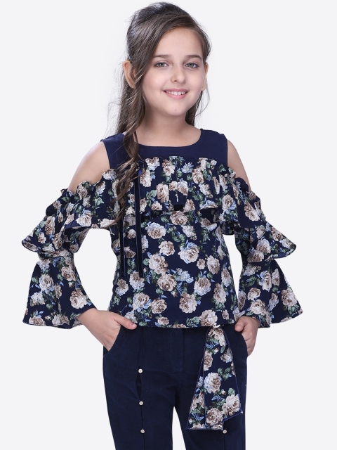 CUTECUMBER Girls Navy Blue & Brown Floral Print Top