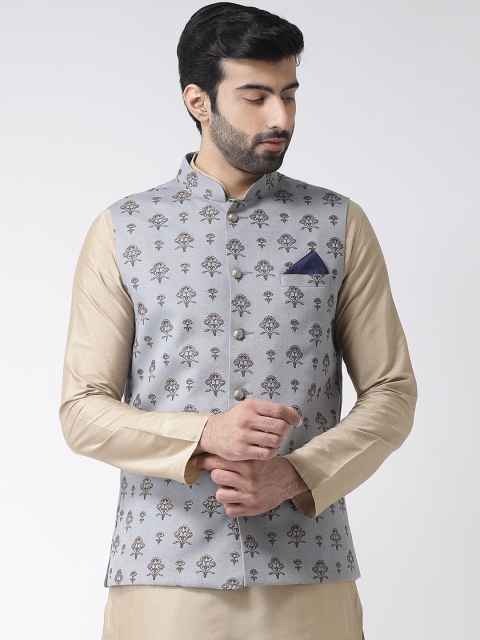 KISAH Men Grey Printed Nehru Jacket