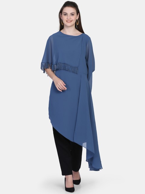 Ojjasvi Women Blue Solid Asymmetric A-Line Kurta