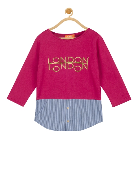 Olele Girls Pink Self Design Round Neck T-shirt