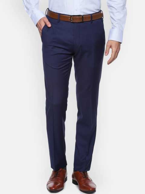 Van Heusen Men Navy Blue Slim Fit Checked Formal Trousers