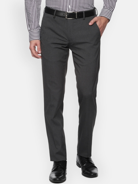 Van Heusen Men Grey Slim Fit Striped Formal Trousers