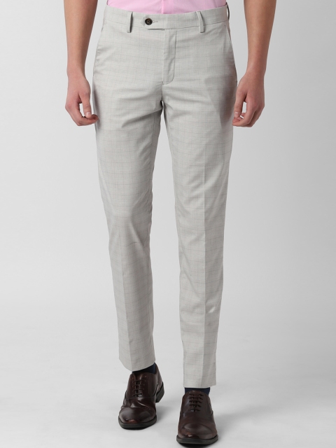 Peter England Men Grey Slim Fit Checked Formal Trousers