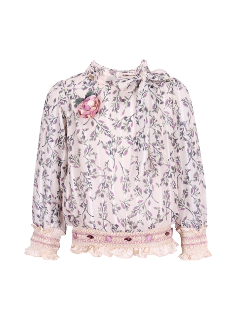CUTECUMBER Girls Cream-Coloured & Pink Printed Blouson Top