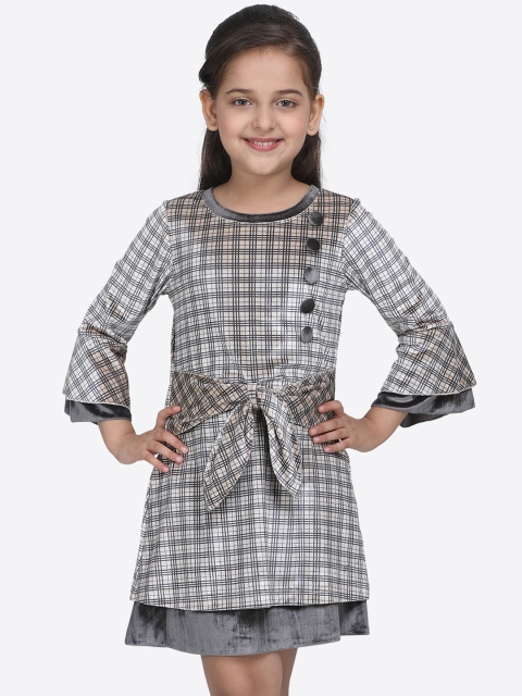 CUTECUMBER Girls Beige & Grey Checked Fit and Flare Dress