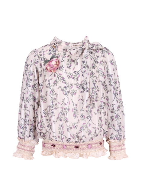CUTECUMBER Girls Cream-Coloured & Pink Floral Print Blouson Top