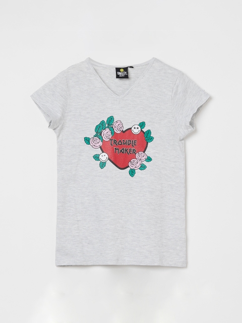 Smiley World Girls Grey Melange Printed Top
