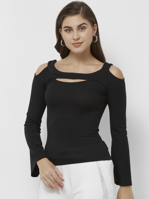 bebe Women Black Solid Cold Shoulder Top