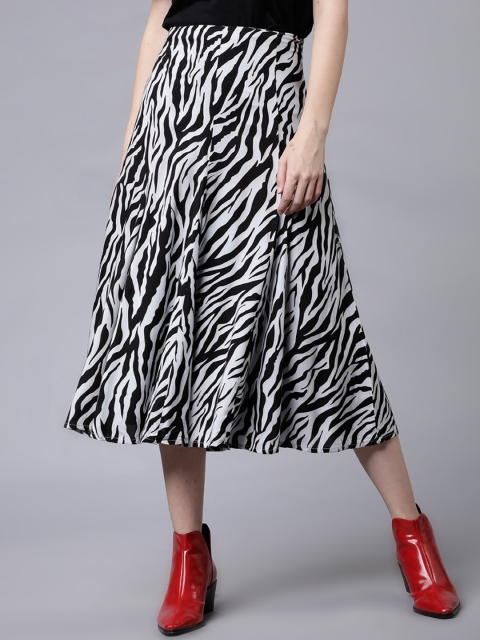 Tokyo Talkies Women Black & White Animal Printed Flared Midi Skirt