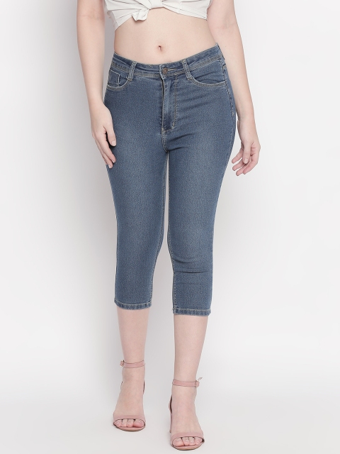 fungus Women Blue Solid Slim Fit Capris