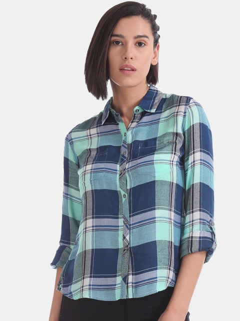 Flying Machine Women Blue Regular Fit Checked Casual Shirt