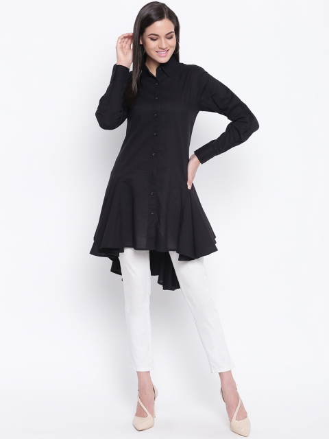 FABNEST Women Black Solid Shirt Style Longline Top