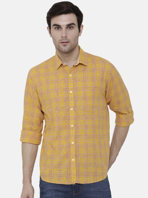 CAVALLO by Linen Club Men Cotton Linen Yellow Regular Fit Checked Casual Shirt