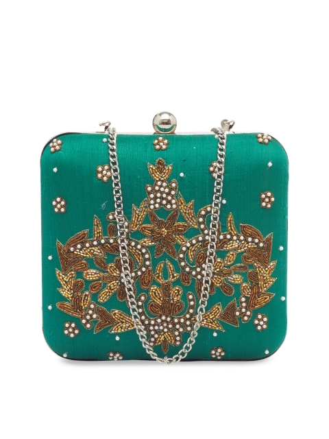 Tarusa Green & Gold-Toned Embroidered Clutch