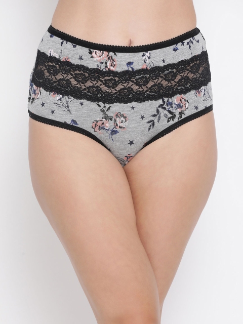 Clovia Women Grey & Black Printed Laced High-Rise Hipster Briefs PN3328P01S