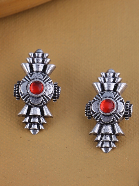 Voylla Silver-Toned & Red Contemporary Studs