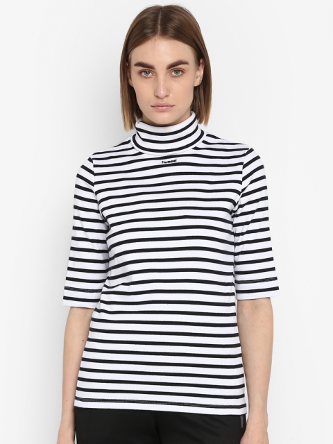 hummel Women White & Black Striped Turtle Neck T-shirt