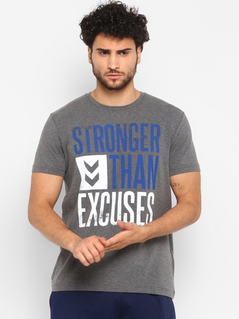 hummel Men Grey & White Printed Round Neck T-shirt