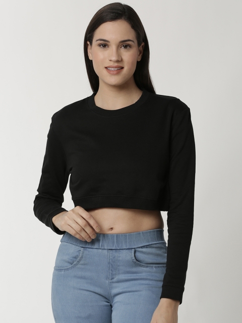 De Moza Women Black Solid Cropped Sweatshirt