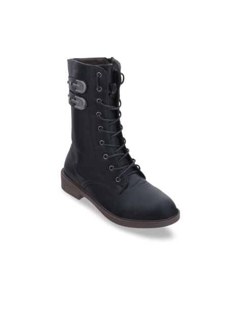 SHUZ TOUCH Women Black Solid Buckle Detailed Heeled Boots