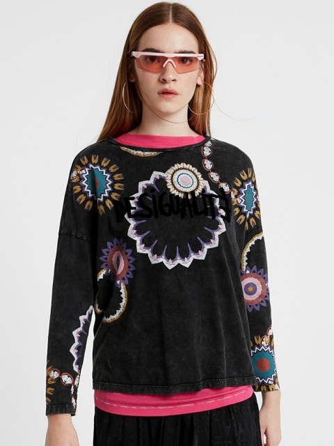 Desigual Women Black Printed Round Neck T-shirt