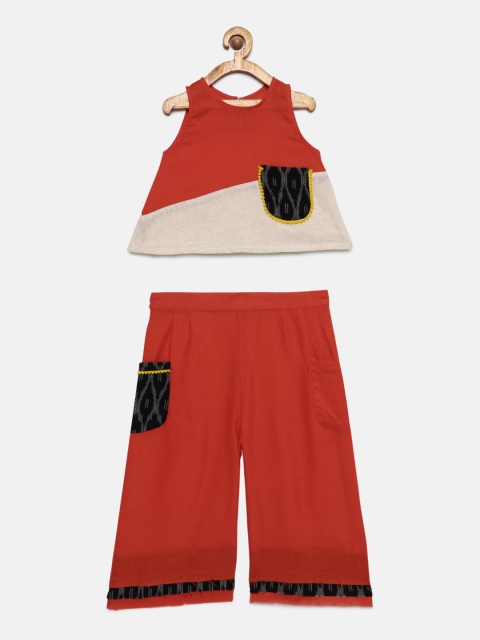 Tutus By Tutu Girls Coral Red & Beige Colourblocked Top with Palazzos