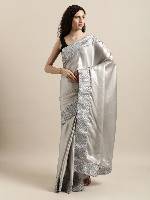Mitera Silver-Toned Solid Poly Silk Saree
