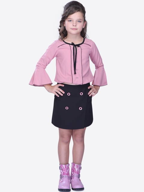 CUTECUMBER Girls Pink & Black Solid Top with Skirt