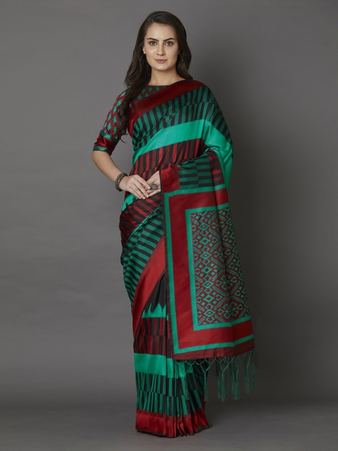 Mitera Green & Red Silk Blend Printed Saree