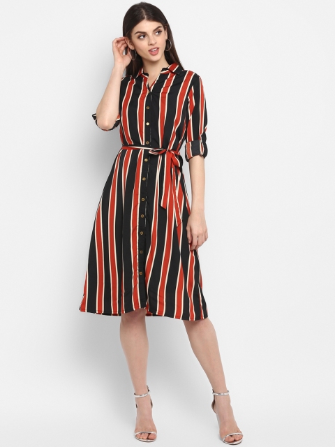 Color Cocktail Women Black & Red Striped Shirt Dress