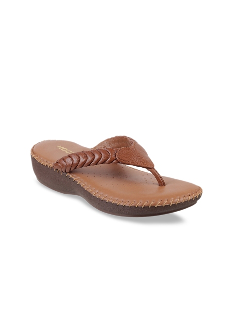 Mochi Women Tan Textured T-Strap Flats