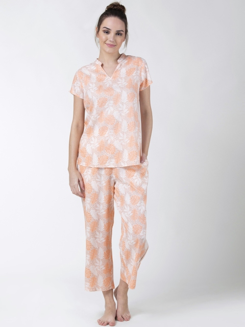 ADORENITE Women Peach & White Floral Printed Top and Pyjama Night Suit