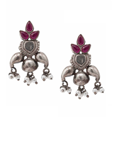Unniyarcha Jewellery Red & Silver-Toned Teardrop Shaped Stud Earrings
